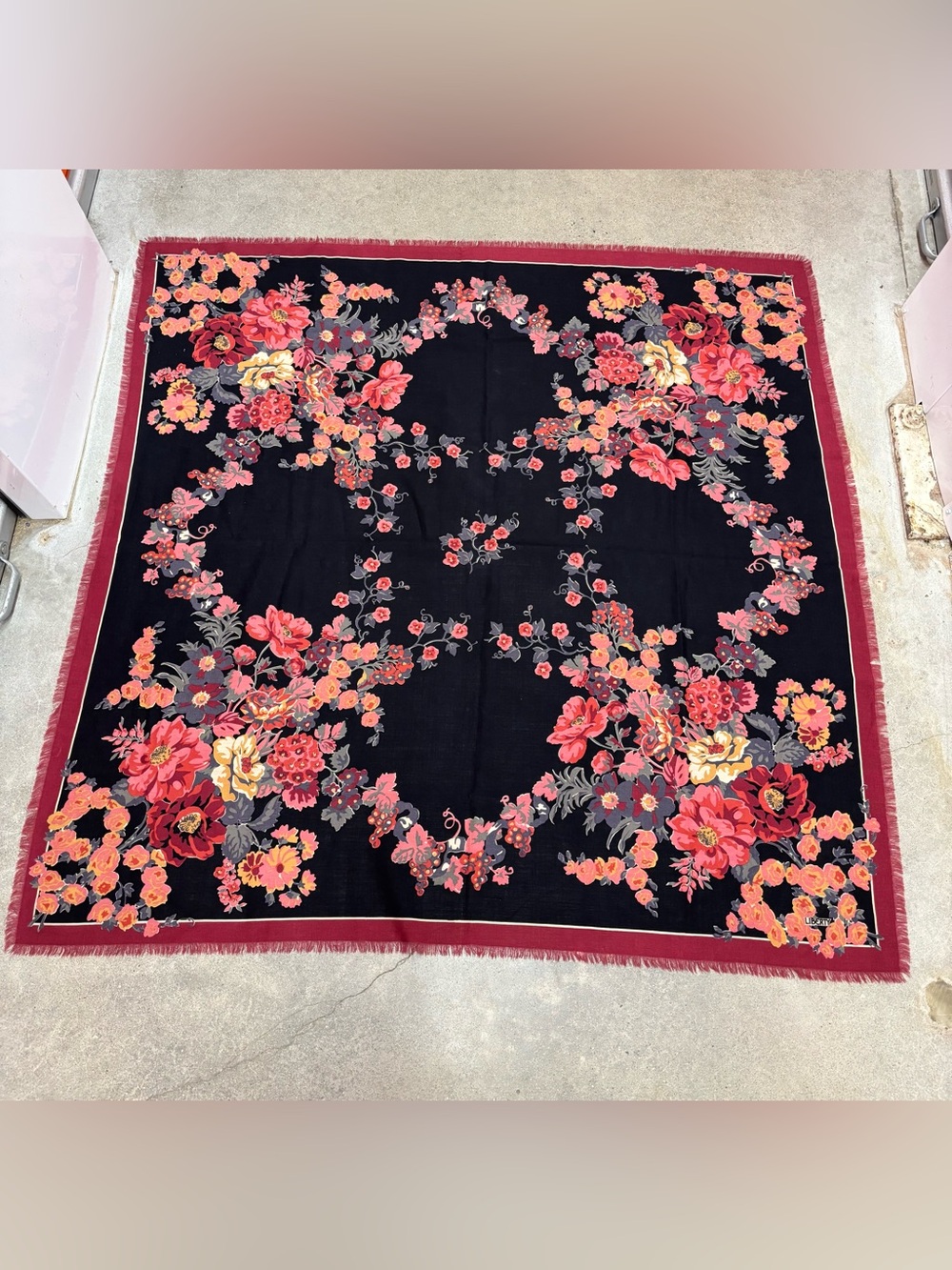 Liberty of London Black Floral Square Scarf with Red and Pink Blooms